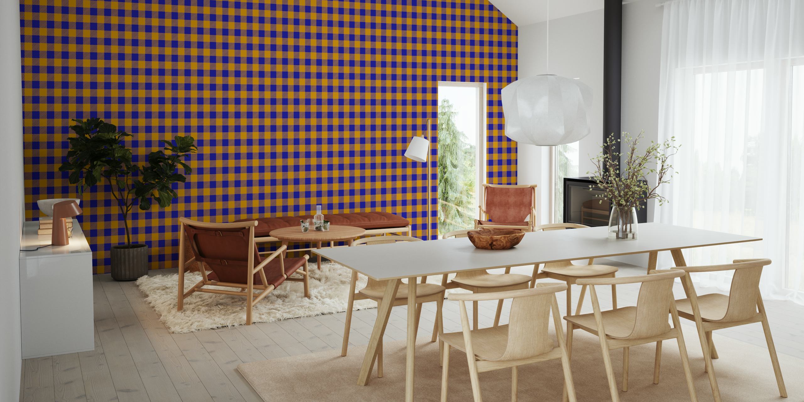 Abstract mustard and blue chessboard pattern wall mural